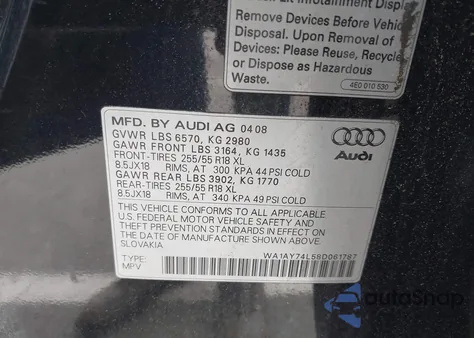 2008 Audi Q7 3.6 z USA, uszkodzony, nr VIN WA1AY74L58D061787